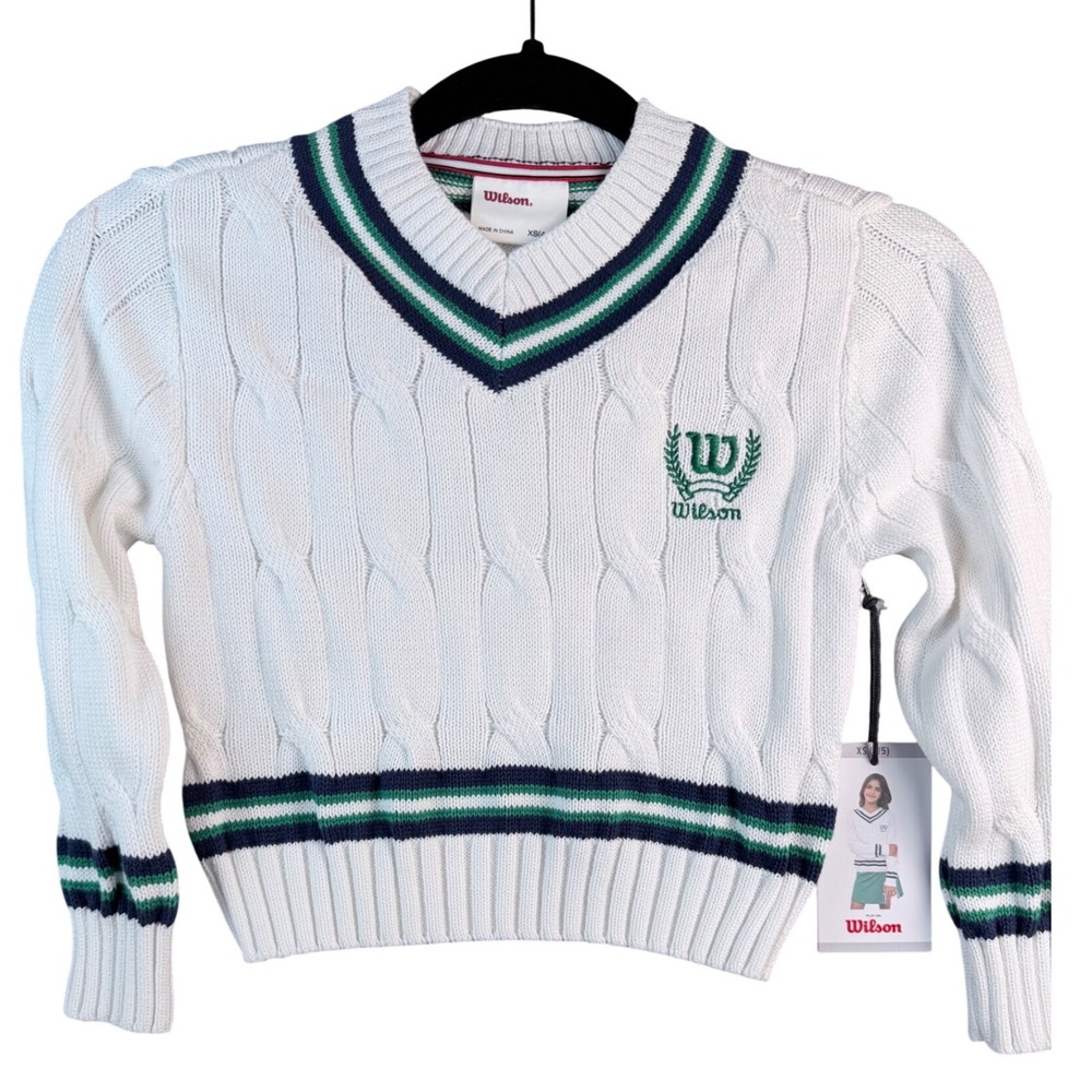 Wilson Kids White V-Neck Cable Knit Sweater Navy Green Stripe Logo XS 4/5 NWT